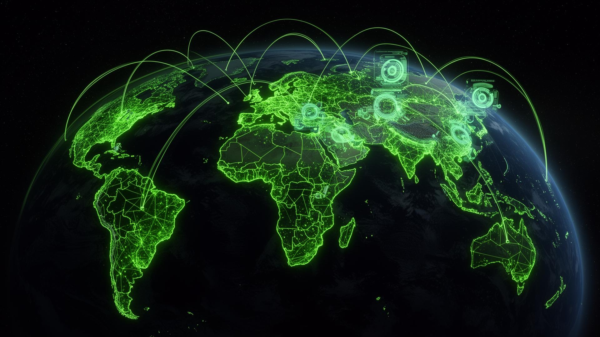 Earth from space connected by green agricultural networks