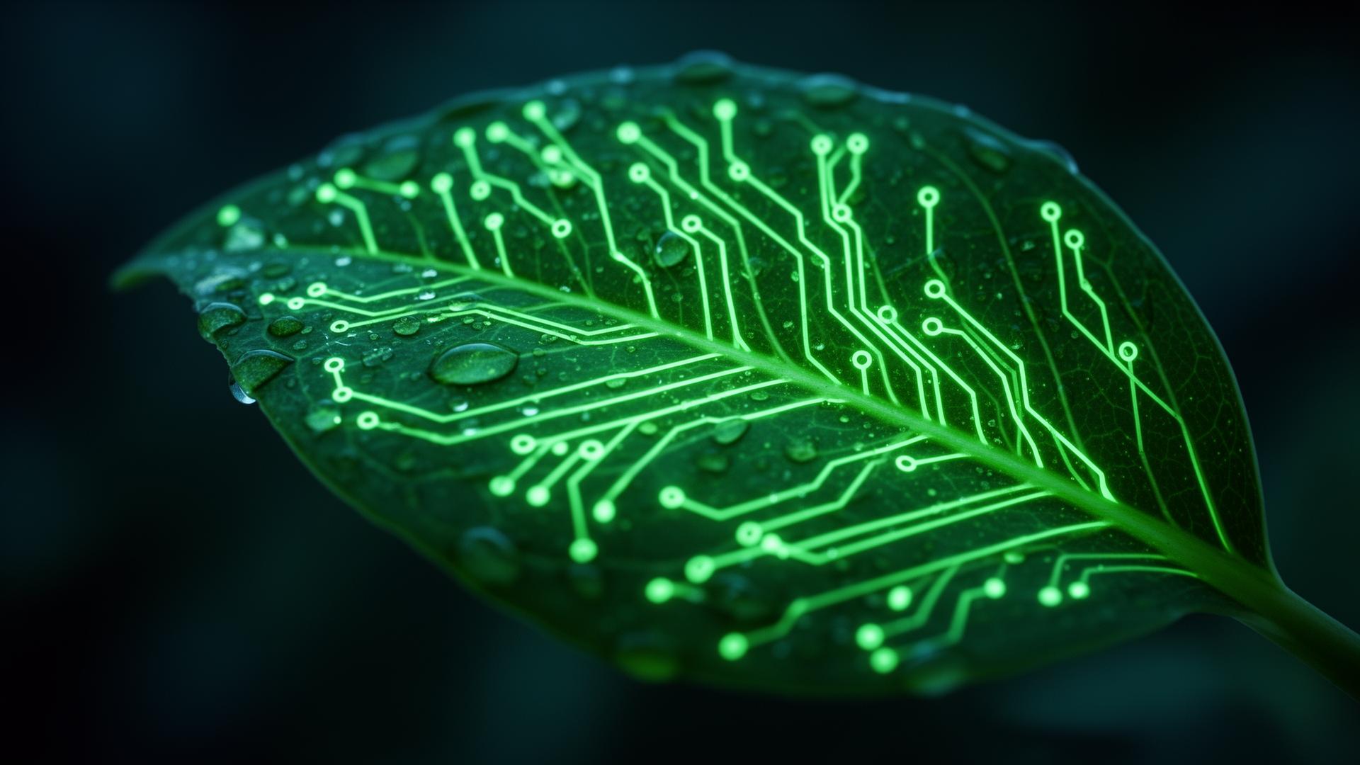 A leaf with bioluminescent circuit veins