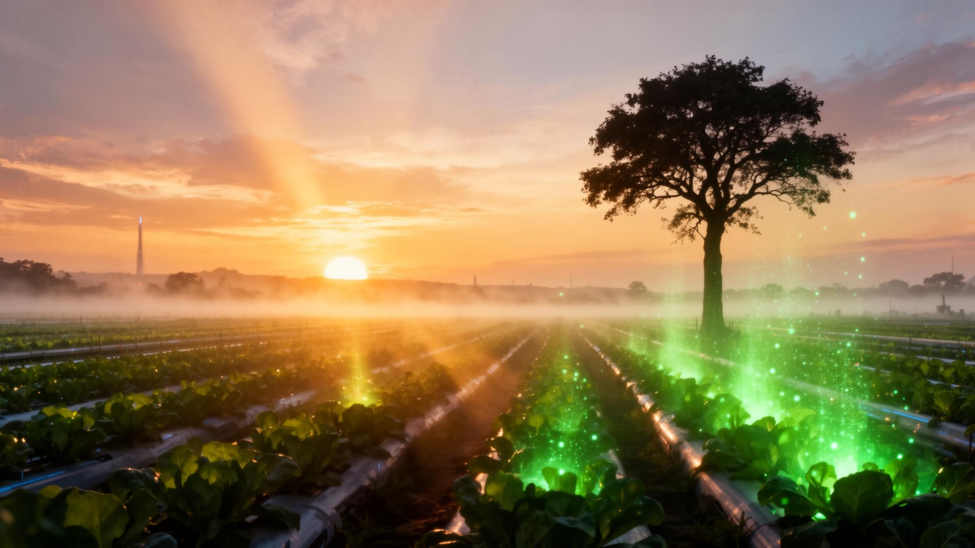 Sunrise rising over intelligent farmland